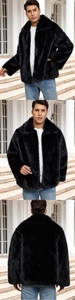 Detailed views of men's black faux fur short jacket with wide lapel and casual styling