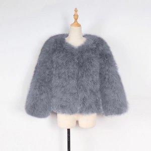 Detailed texture of fluffy grey faux ostrich feather on this short winter jacket