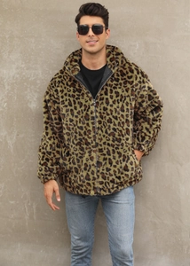 Detail of men's leopard print plush hoodie showing the zipper and drawcord hem texture