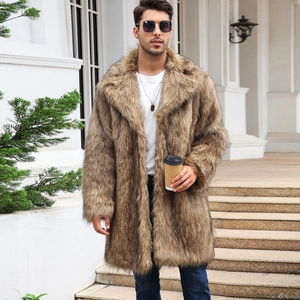 Men's long faux fox fur coat in brown mixed color with wide lapels and soft texture