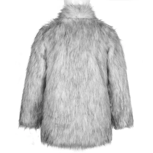 Macro detail of plush silver-grey faux fur texture on men's winter stand collar coat