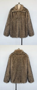 Detail of faux fox fur jacket texture with thick brown-grey fur and classic lapel collar