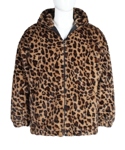 Detail view of plush leopard print faux fur jacket with hood and metal zipper closure