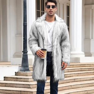 Men's mid-length faux fox fur coat in grey-white gradient with oversized lapels