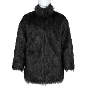 Detailed close-up of the plush faux fur texture on the black stand collar men coat