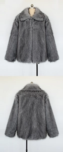 Detailed front and back view of men's grey faux fur coat with wide lapel collar