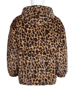 Detail view showing thick faux fur texture and leopard pattern on hooded jacket back