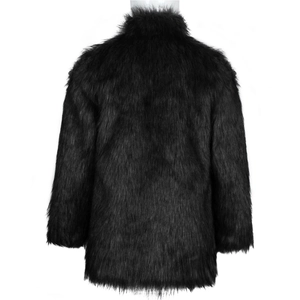 Close-up of premium black faux fur texture and stand collar on men's winter jacket