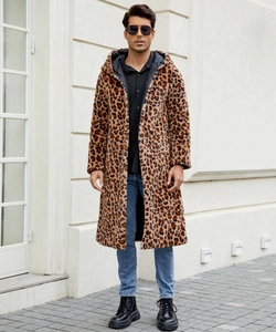 Detail of men's hooded leopard faux fur coat with large pockets and quilted lining