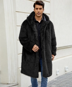 Detail of premium faux fur texture on men's long hooded winter coat with plush black finish