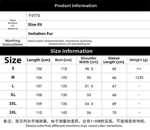 Size chart for men's long faux fur coat showing length, chest, shoulder, and sleeve metrics