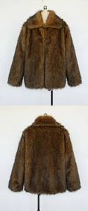 Front and back view of brown faux fur jacket with lapel collar on white background