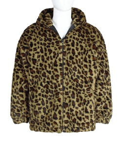 Detail of plush leopard print faux fur texture on men's winter hooded jacket with zipper