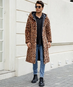 Detail of the leopard print faux fur coat featuring black quilted lining and warm texture