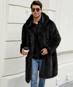 Detail of premium black faux fur texture on men's long hooded coat in urban street style