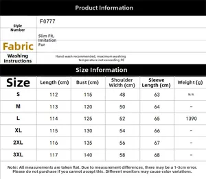 Size chart for men's long faux leather coat showing S to 3XL measurements and fit guide