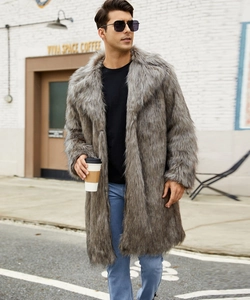 Detail shot of men's long faux fur coat featuring thick gray-brown fur and lapel design