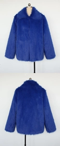 Detailed front and back view of a plush Klein blue faux fur jacket with lapel collar