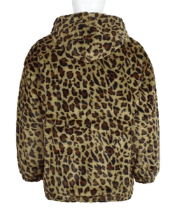 Detailed back view of leopard print faux fur hoodie with plush texture and elastic cuffs