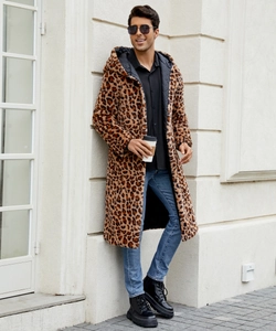 Detail shot of men's hooded faux fur coat with leopard print and black quilted lining