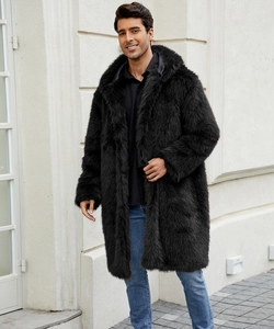 Texture detail of men's long faux fur hooded coat in plush black high-density material