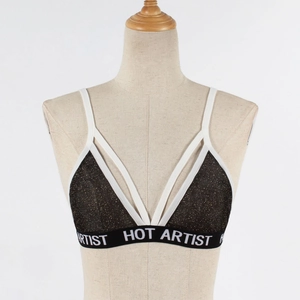 Women's black glitter sports bra with white straps and Hot Artist elastic band