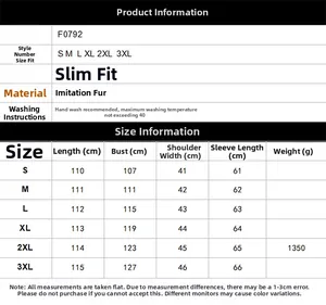 Detailed size chart for men's long faux fur coat including chest and shoulder measurements