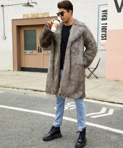 Macro texture of plush long-haired faux fur coat for men in grey winter style