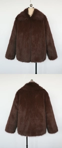 Front and back view of men's dark brown faux fur jacket with large lapel collar