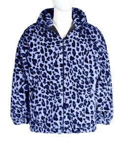 Detail of blue leopard print faux fur jacket with full zipper and elastic cuffs