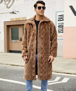 Detail of long faux fur coat with brown snakeskin pattern and plush wide lapel collar