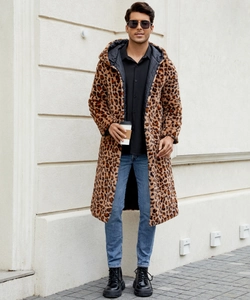 Men's leopard print faux fur hooded coat with black diamond quilted lining for winter