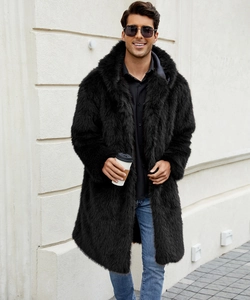 Close-up of men's long black faux fur coat with thick plush texture and large lapels