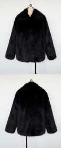 Front and back view of men's faux fur lapel jacket showing dense glossy black texture