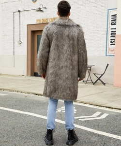 Rear view of a men's long faux fur coat in grey plush texture for winter fashion