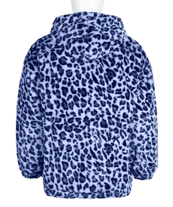 Detail view of the back of a plush faux fur hoodie with blue leopard print and elastic cuffs