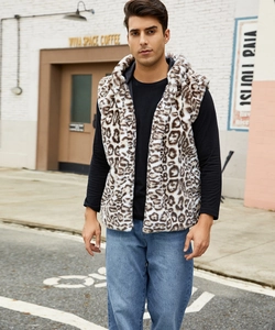 Detail of faux fur leopard print vest with hood and soft texture on outdoor model