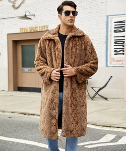 Detailed close-up of brown faux fur texture and lapel on this stylish men long coat