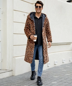 Detailed close-up of men's long leopard print faux fur coat with black quilted lining