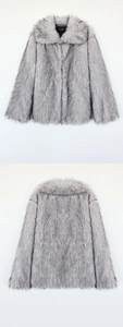 Detailed front and back view of a silver grey faux fur coat with a lapel collar
