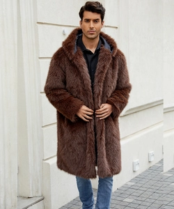 Detailed close-up of premium dark brown faux fur texture and hood on long winter coat