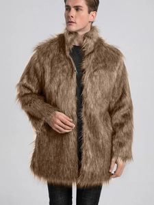 Men's Winter Faux Fur Coat Thick Warm Mid-Length Shaggy Jacket With Standing Collar Solid Color Fashion Outdoor Overcoat