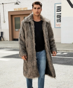 Detail showing the long shaggy texture and wide collar of a men's faux fur coat