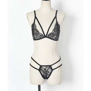 Elegant black lace lingerie set with floral pattern bra and matching strappy panties