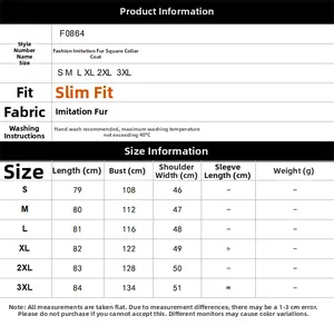 Detailed size chart for women's faux fur vest showing measurements from S to 3XL sizes