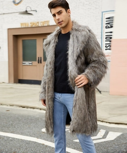 Mid-length men's faux fur coat in mixed grey and brown standing in a street setting