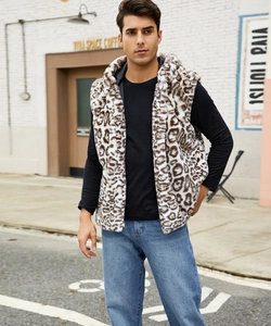 Men's hooded leopard print faux fur vest styled with casual denim in outdoor street setting
