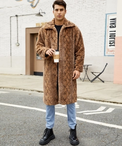 Men's long faux fur coat with brown snakeskin pattern and stylish lapel collar