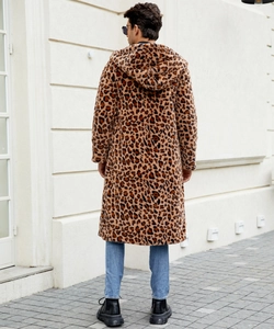 Back view of a long hooded leopard print faux fur coat for men in an urban street setting