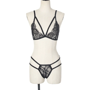 Elegant two-piece black lace lingerie set with wireless triangle bra and thong